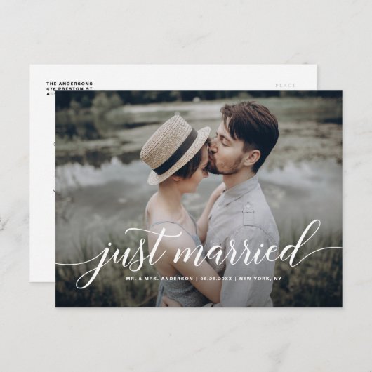 Carte Postale Faire-part Juste Marié Curieux Script superposer photo blanch (Devant / Derrière)