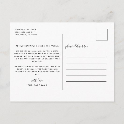 Carte Postale Faire-part Juste marié Décontracté Script Mariage (Dos)