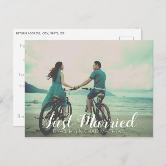 Carte Postale Faire-part Juste marié script personnalisé photo mariage merc (Devant / Derrière)