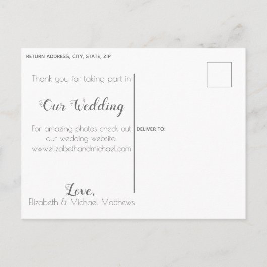 Carte Postale Faire-part Juste marié script personnalisé photo mariage merc (Dos)