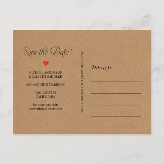 Carte Postale Faire-part Kraft Enregistrer la date, enregistrer simplement  (Dos)