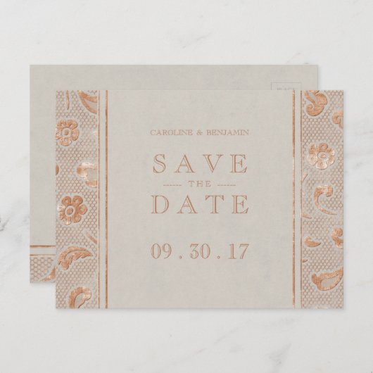 Carte Postale Faire-part Kraft or dentelle mariage rustique enregistrer la  (Devant / Derrière)