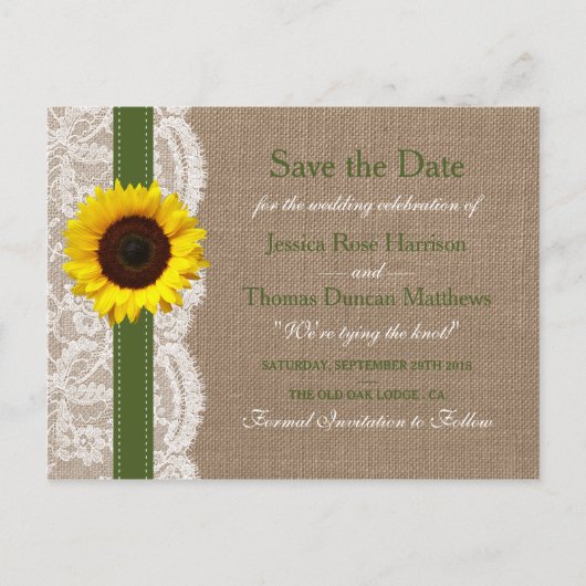 Carte Postale Faire-part La Collection de Mariage Tournesol Rustique - Vert (Devant)