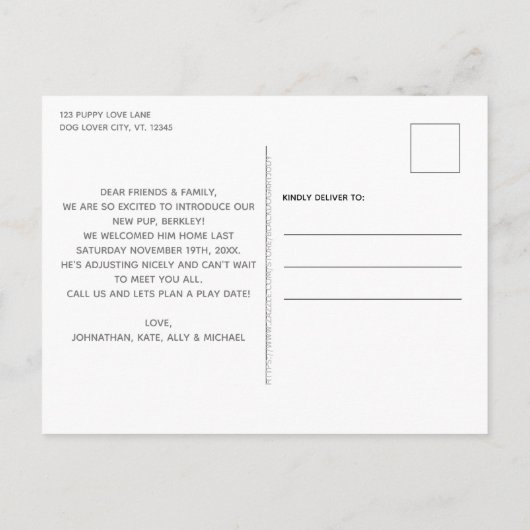 Carte Postale Faire-part La famille s'agrandit de quatre pattes nouveau chi (Dos)