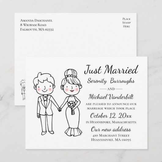 Carte Postale Faire-part La mariée de dessin vient de se marier Mariage (Devant / Derrière)