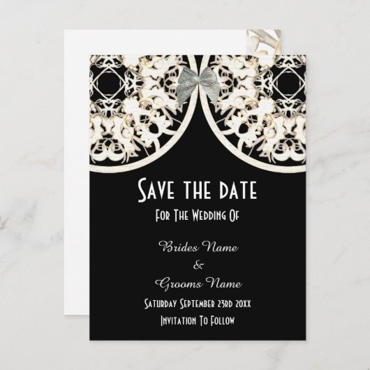 Carte Postale Faire-part Lace noire et blanche filigree enregistrer la date (Devant / Derrière)