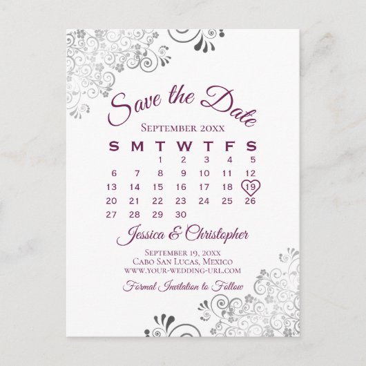 Carte Postale Faire-part Lacy Cassis Mariage violet Enregistrer le calendri (Devant)