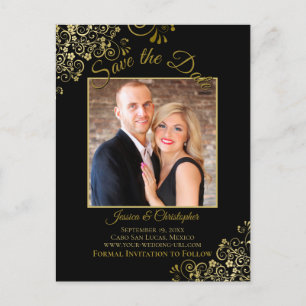 Carte Postale Faire-part Lacy Gold sur Black Wedding Enregistrer la photo d
