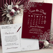 Carte Postale Faire-part Lacy Grey Burgundy Wedding Enregistrer la date Cal