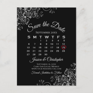 Carte Postale Faire-part Lacy Grey sur Black Wedding Enregistrer le calendr