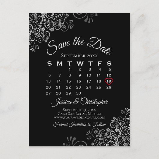 Carte Postale Faire-part Lacy Grey sur Black Wedding Enregistrer le calendr (Devant)