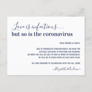 Carte Postale Faire-part L'amour est infectieux Report de mariage bleu mari
