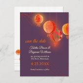 Carte Postale Faire-part Lampions en papier rouge Mariage violet Enregistre (Devant / Derrière)