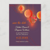 Carte Postale Faire-part Lampions en papier rouge Mariage violet Enregistre (Devant)