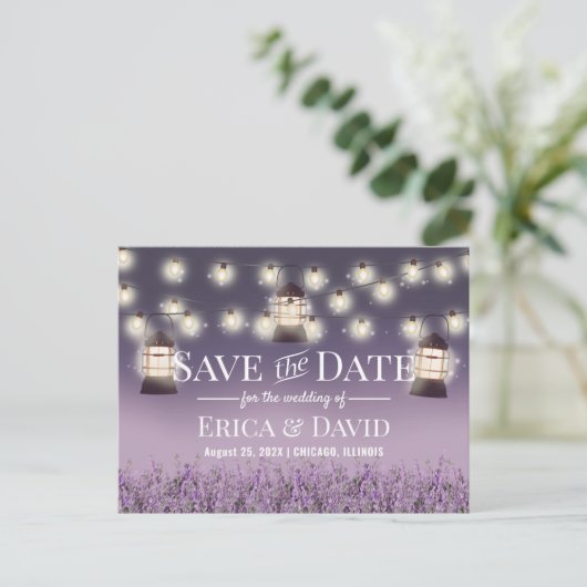 Carte Postale Faire-part Lanterne Rustique Fleurs Violettes Save the Date (Debout devant)