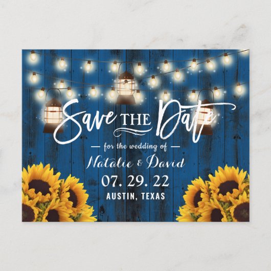 Carte Postale Faire-part Lanternes Rustiques & Tournesols Navy Save the Dat (Devant)