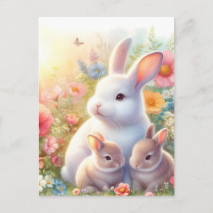 Carte Postale Faire-part Lapin de Pâques de printemps Famille Jardin Floral