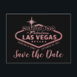 Carte Postale Faire-part Las Vegas Mariage Rose Gold Enregistrer la date<br><div class="desc">Le fameux panneau Welcome to Las Vegas (modifié avec le libellé "mariage") en faux rose d'effet feuille or sur un arrière - plan noir de couleur modifiable. Le design typographique unique sur le dos est entièrement personnalisable. Coordonner les éléments disponibles dans la Boutique du concepteur de destinations de raisins papier....</div>