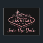 Carte Postale Faire-part Las Vegas Mariage Rose Gold Save the Date<br><div class="desc">Le célèbre panneau de bienvenue à Las Vegas (modifié avec le mot "mariage") avec un effet de feuille de rose en or faux sur un fond noir éditable. Le design typographique unique au verso est entièrement personnalisable. Des articles coordonnés sont disponibles dans la boutique de Paper Grape Destinations Designer.</div>