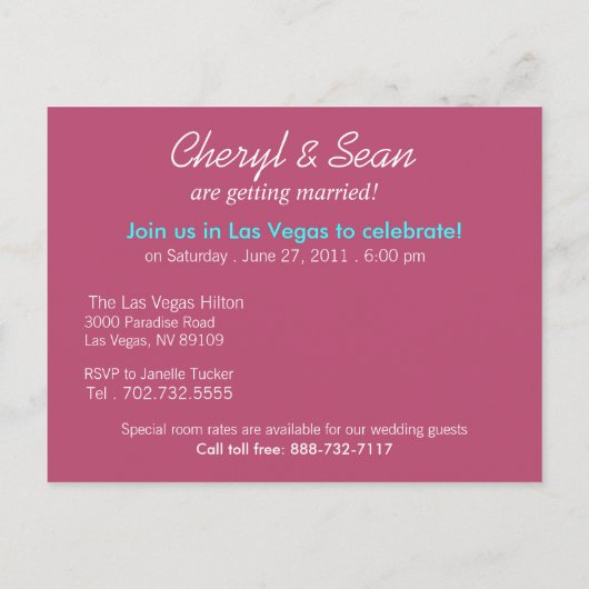 Carte Postale Faire-part Las Vegas Sauvegarder la date (fuchsia) (Dos)