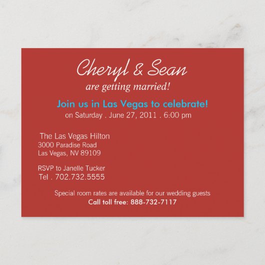 Carte Postale Faire-part Las Vegas Sauvegarder la date (rouge tomate) (Dos)