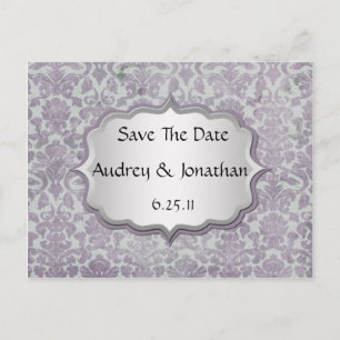 Carte Postale Faire-part Lavande Argent Grunge Damask Enregistrer La Date