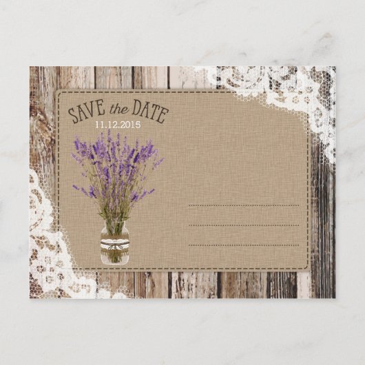 Carte Postale Faire-part Lavande et dentelle Plaques en bois rustique Enreg (Dos)