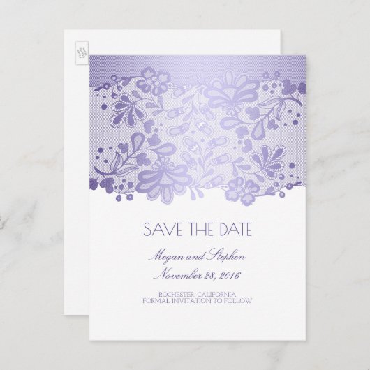 Carte Postale Faire-part Lavande Purple Dentelle Élégante Enregistrer La Da (Devant / Derrière)