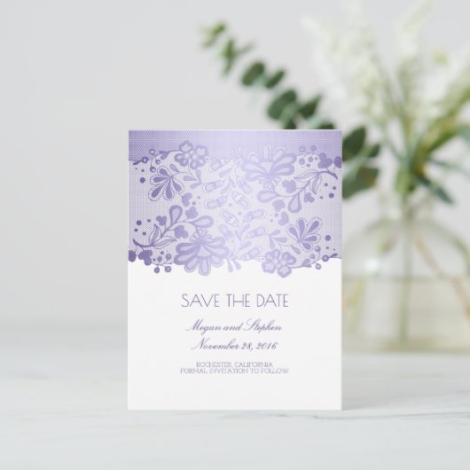 Carte Postale Faire-part Lavande Purple Dentelle Élégante Enregistrer La Da (Debout devant)