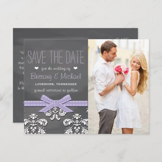 Carte Postale Faire-part Lavender Chalkboard Lace Bow Enregistrer la date (Devant / Derrière)