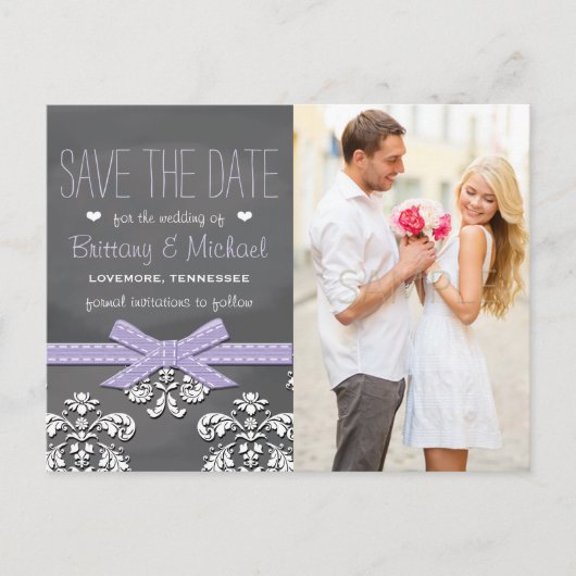 Carte Postale Faire-part Lavender Chalkboard Lace Bow Enregistrer la date (Devant)