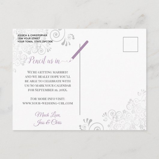 Carte Postale Faire-part Lavender Lacy Mariage en argent Enregistrer la dat (Dos)