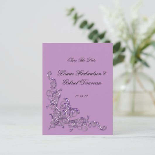 Carte Postale Faire-part Lavender Ornate Bijoux Enregistrer La Date (Debout devant)