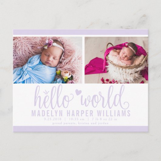 Carte Postale Faire-part Lavender Purple Hello World Photo Birth Stat (Devant)