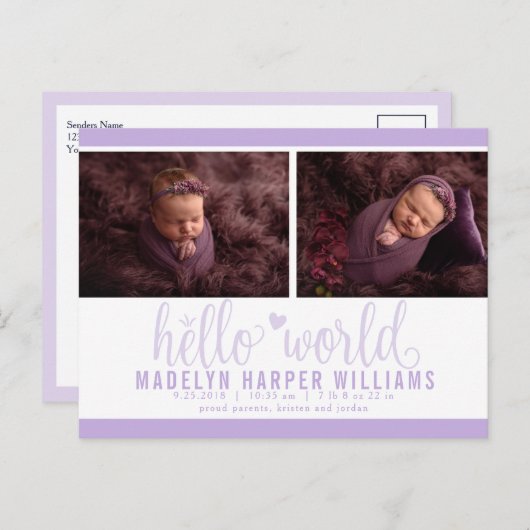 Carte Postale Faire-part Lavender Purple Hello World Photo Birth Stat (Devant / Derrière)