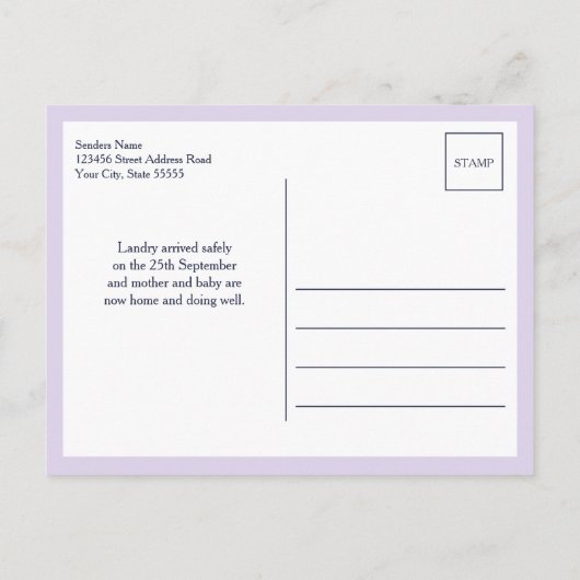 Carte Postale Faire-part Lavender Purple Hello World Photo Birth Stat (Dos)