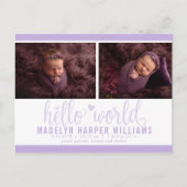 Carte Postale Faire-part Lavender Purple Hello World Photo Birth Stat (Devant)