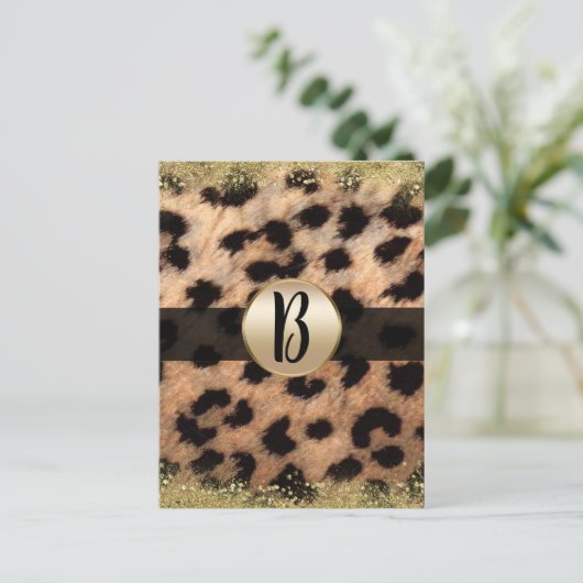 Carte Postale Faire-part Leopard Cheetah Gold Parties scintillant Monogram (Debout devant)