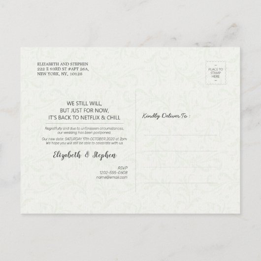 Carte Postale Faire-part Les choses se passent Mariage Postponement Mason J (Dos)