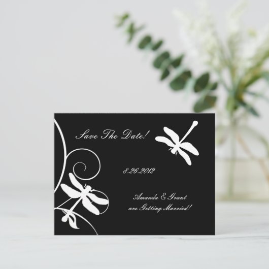Carte Postale Faire-part Libellule blanche et noire Enregistrer la date (Debout devant)