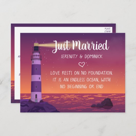 Carte Postale Faire-part `Lighthouse Ocean Nautical Juste Marié Mariage (Devant / Derrière)