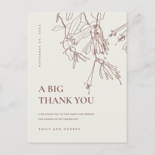 CARTE POSTALE FAIRE-PART LIGNE DE CRÈME BLANCHE DESSINANT MERCI MARIAGE FLO (Devant)