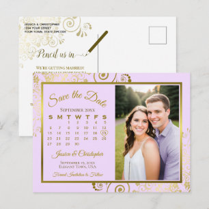Carte Postale Faire-part Lilac Purple Gold Mariage Enregistrer Date Calendr
