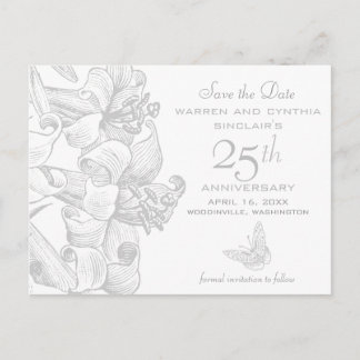 Carte Postale Faire-part Lilies Sauvez la date Argent 25e anniversaire