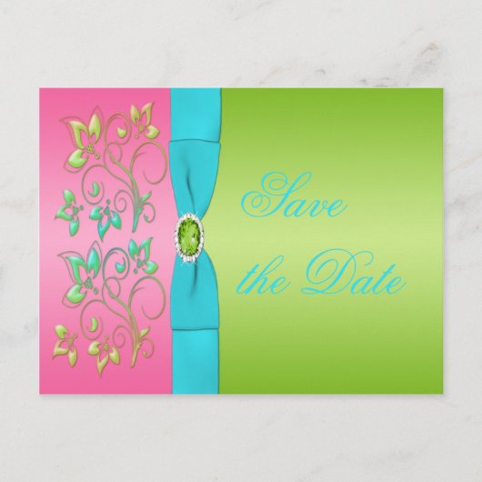 Carte Postale Faire-part Lime, rose et Aqua Floral Enregistrer la date Cart (Devant)