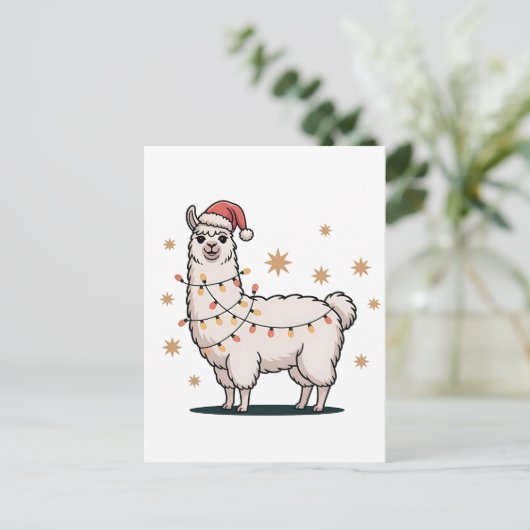 Carte Postale Faire-part Llama Alpaca With Santa Hat And Christmas Light (Debout devant)