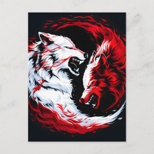 Carte Postale Faire-part Loup Guerrier Cosmique Rouge Blanc
