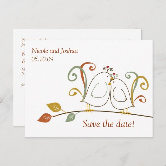 Carte Postale Faire-part Lovebirds sur Branches Enregistrer les dates (Devant / Derrière)