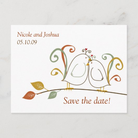 Carte Postale Faire-part Lovebirds sur Branches Enregistrer les dates (Devant)