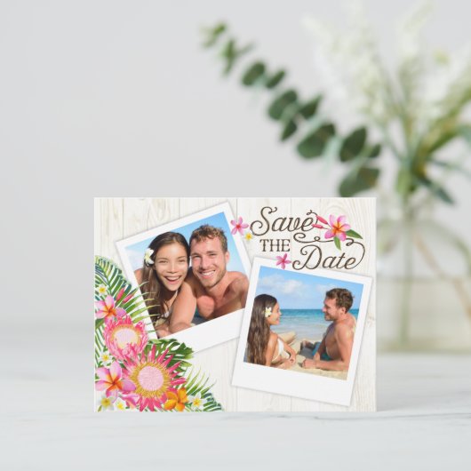 Carte Postale Faire-part Luau Hawaiian Rustic Beach Enregistrer la date (Debout devant)